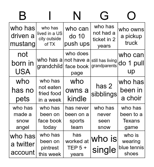 tep Bingo Card