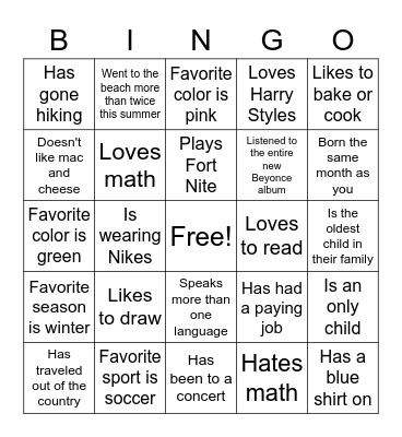 Getting to Know You Bingo Card