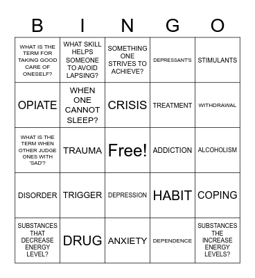 SAD RECOVERY BINGO Card