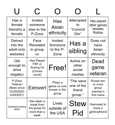 P-Zone Bingo Game :D Bingo Card