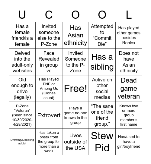 P-Zone Bingo Game :D Bingo Card