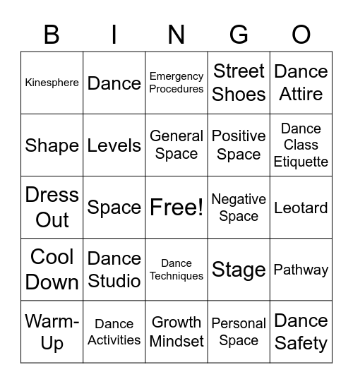 Dance Class Etiquette & Safety Bingo Card