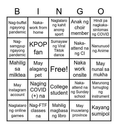 YOUTH RECEPTION Bingo Card