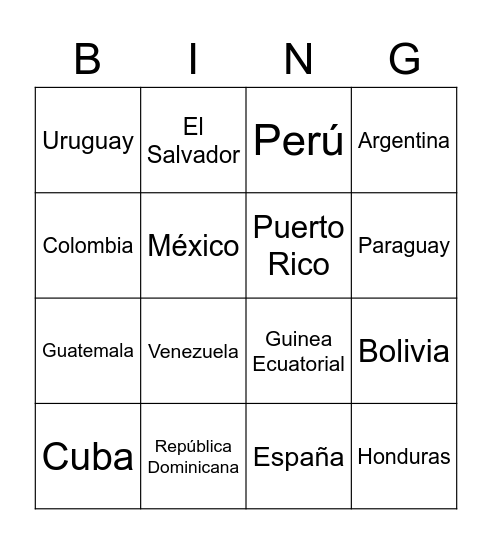 Países Hispanohablantes Bingo Card