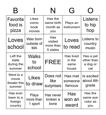 Middle School Bingo Card