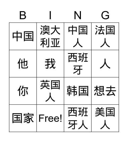 国家 Bingo Card