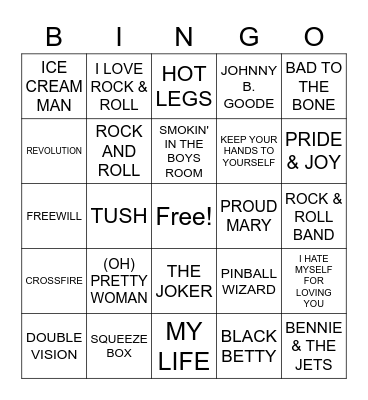 ROCK HITS Bingo Card