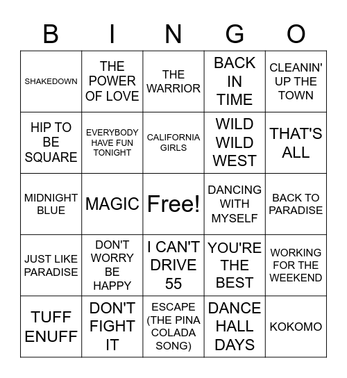 80'S hits Bingo Card