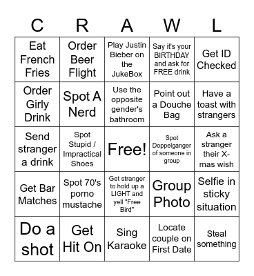 Pub Crawl Check List Bingo Card