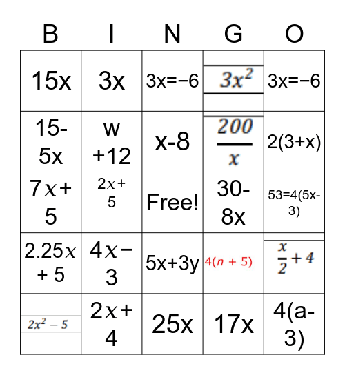 Algebraic Expressions Bingo Card