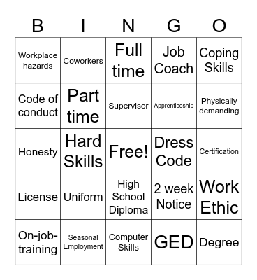 Career Vocab Bingo Card