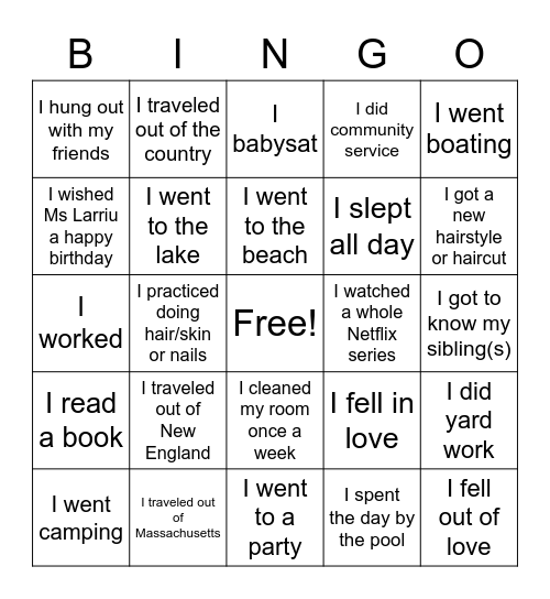 Summer Bingo Card