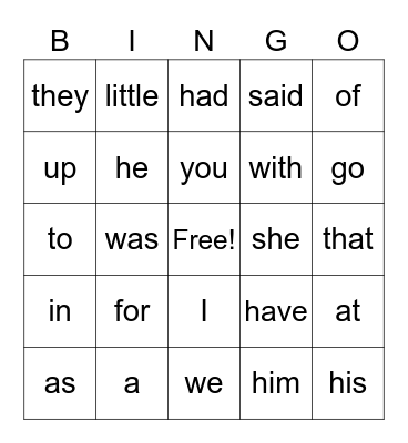 Sight Words 1 Bingo Card