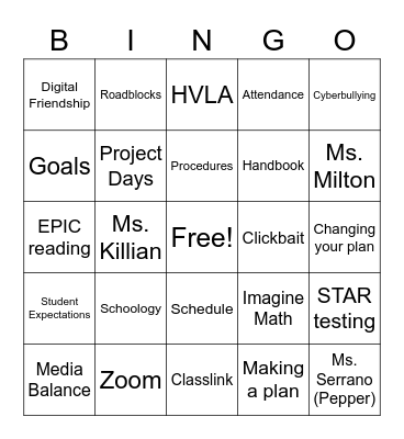 First week of School Bingo Card