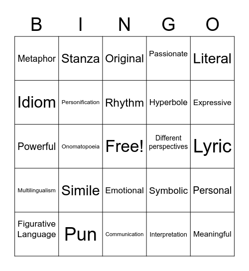 Poetry Bingo Card