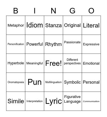 Poetry Bingo Card