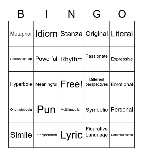 Poetry Bingo Card