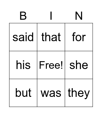 Sight Words #2 Bingo Card