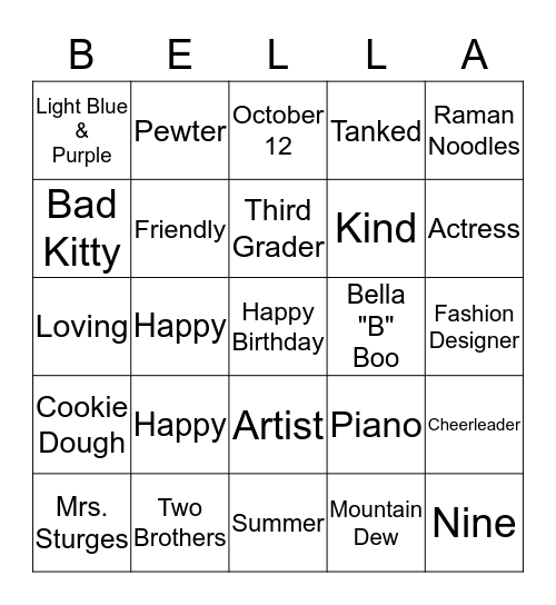 Bella Bingo Card