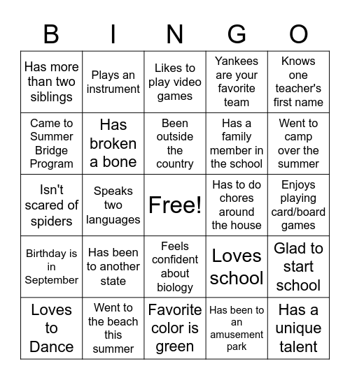 First Day of School Bingo Card