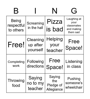 Is this the behavior of a good student? Bingo Card