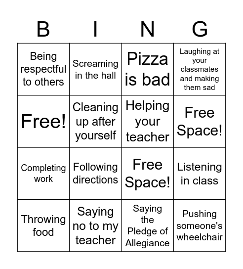 Is this the behavior of a good student? Bingo Card