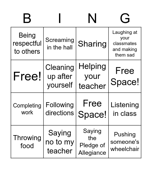 Is this the behavior of a good student? Bingo Card