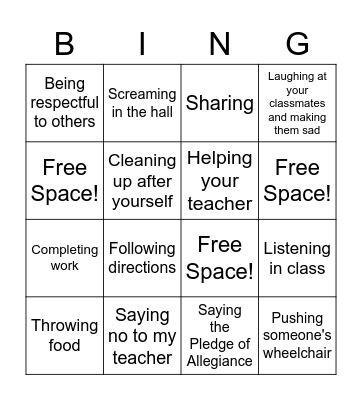 Is this the behavior of a good student? Bingo Card