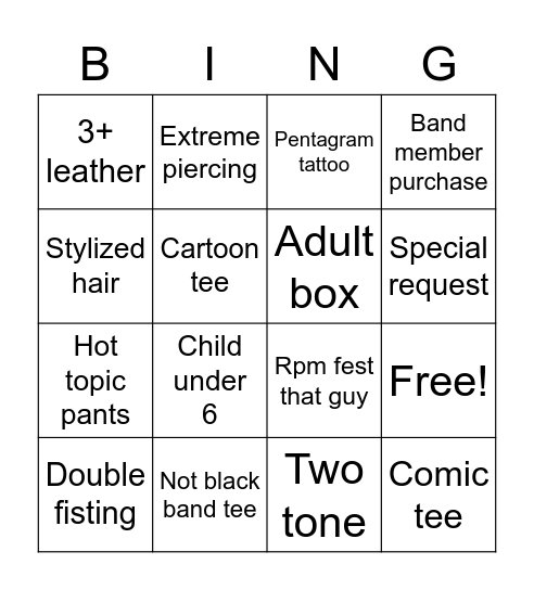 RPM Fest Bingo Card