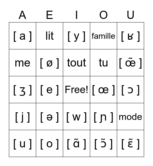 la phonétique Bingo Card