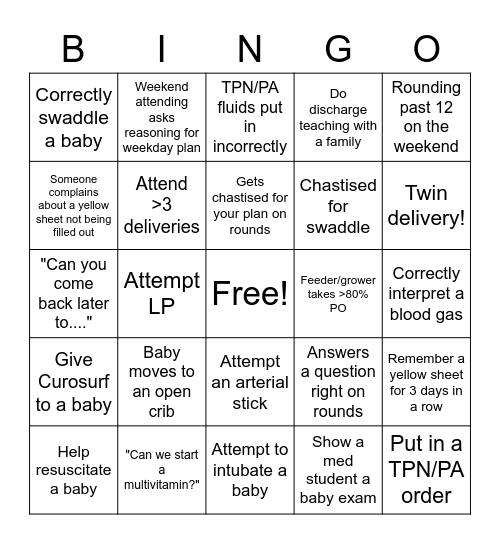 NICU Bingo Card