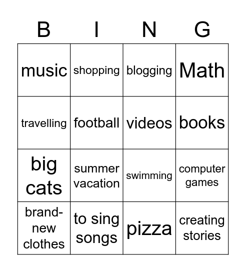 What do you like? Bingo Card