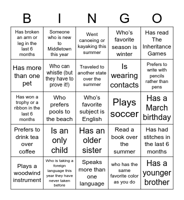 Back to School Bingo Card