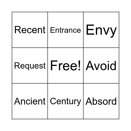 Vocabulary BINGO Card