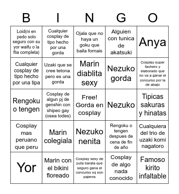 Cringe Fest Cosplay Bingo Card