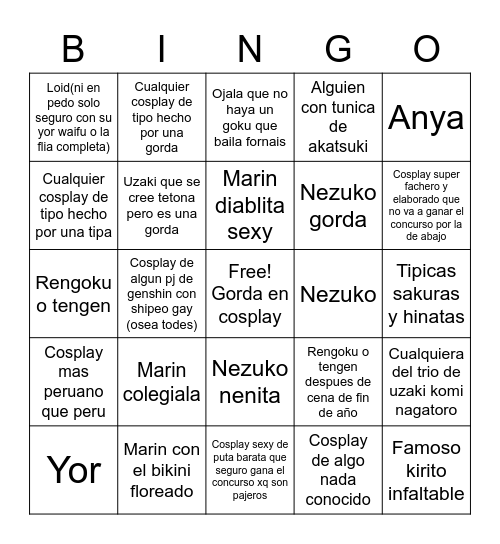 Cringe Fest Cosplay Bingo Card