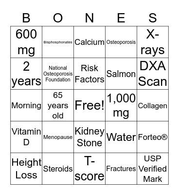 Osteoporosis Bingo Card