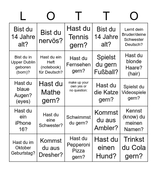 BIST DU nervös? Ja, ich BIN nervös. Klasse, Thomas IST nervös. Bingo Card