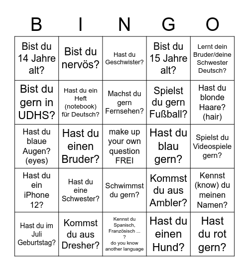 Finde eine Person, die ... Level II German Bingo Card
