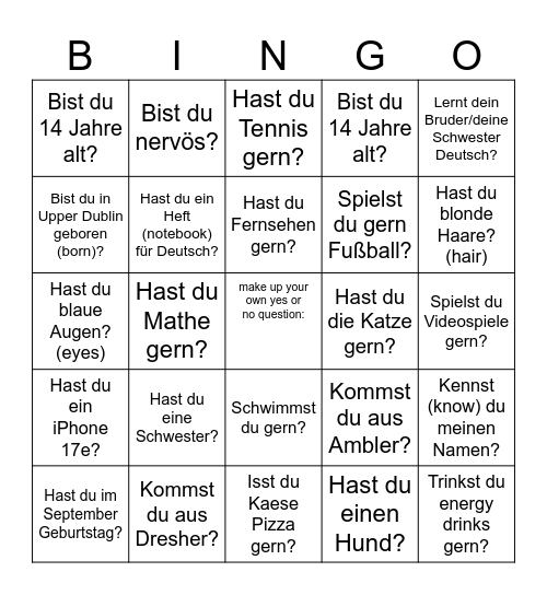 Willkommen Deutsch 2 Bingo! Bingo Card