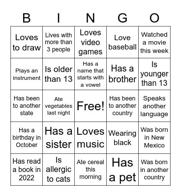 Getting to Know You Bingo Card