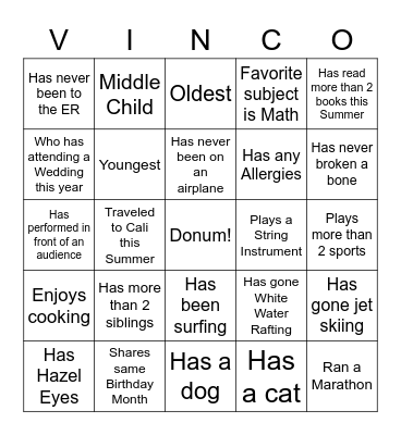 First Day Vinco Bingo Card