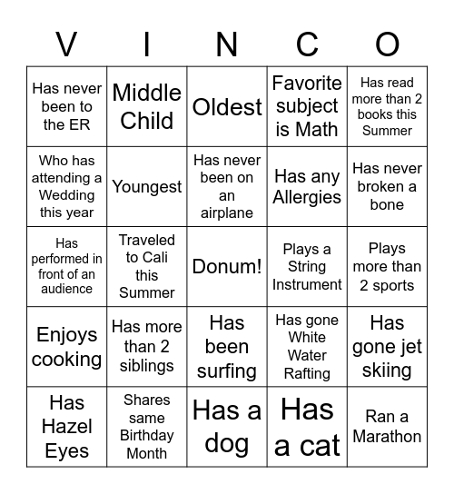 First Day Vinco Bingo Card