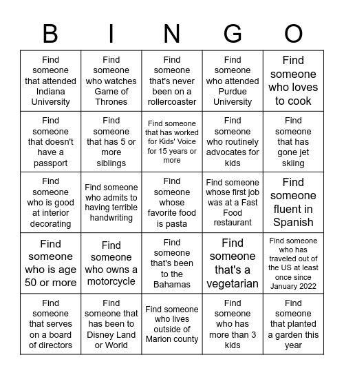 GET TO KNOW YOU Bingo Card