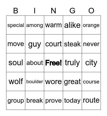 Red Card Words Bingo Card