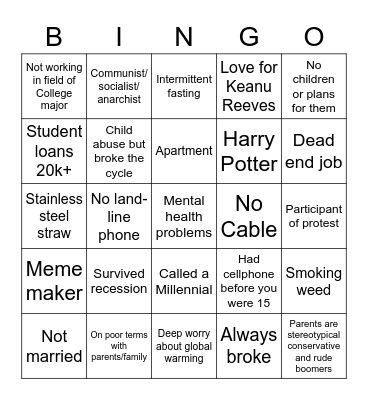 Millennial Bingo Card