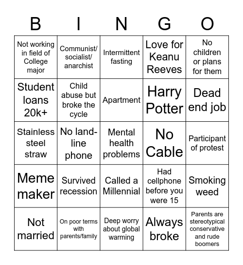 Millennial Bingo Card