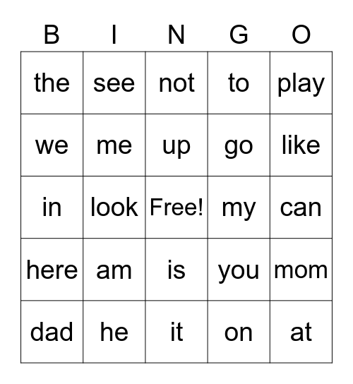 sight words Bingo Card