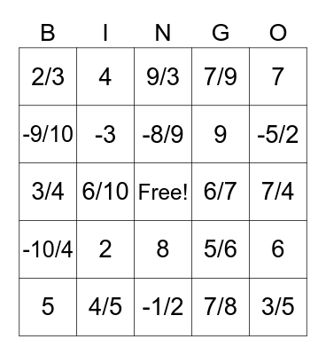Reciprocal Fraction Bingo Card