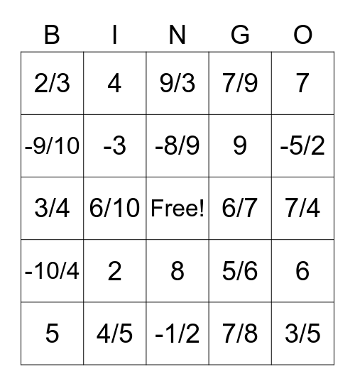 Reciprocal Fraction Bingo Card